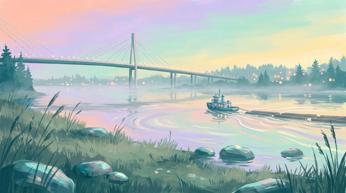 Painted view of a long cable-stayed bridge over a wide river at dusk, reeds on the near bank and soft lights on the far shore